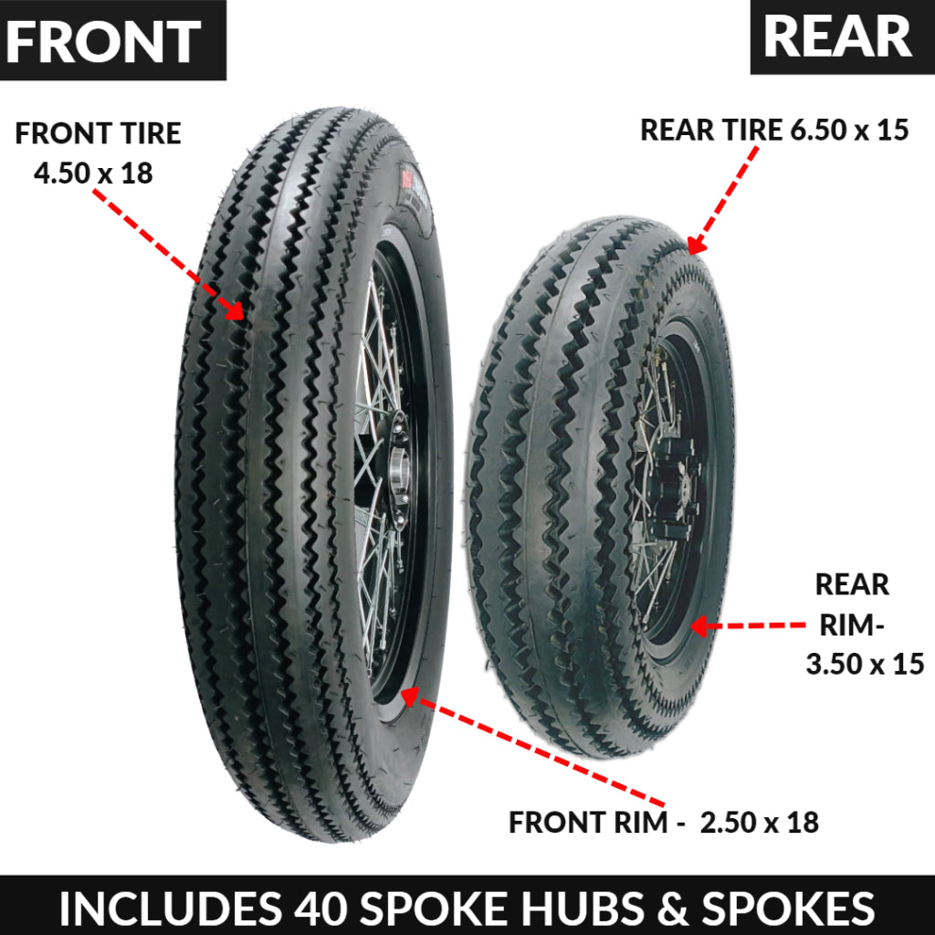 COMPLETE WHEEL ASSEMBLY FOR BOBBERS -REAR TIRE 6.50-15 & FRONT 4.00-18 OR 4.50-18 TIRES W/ RIMS, HUB