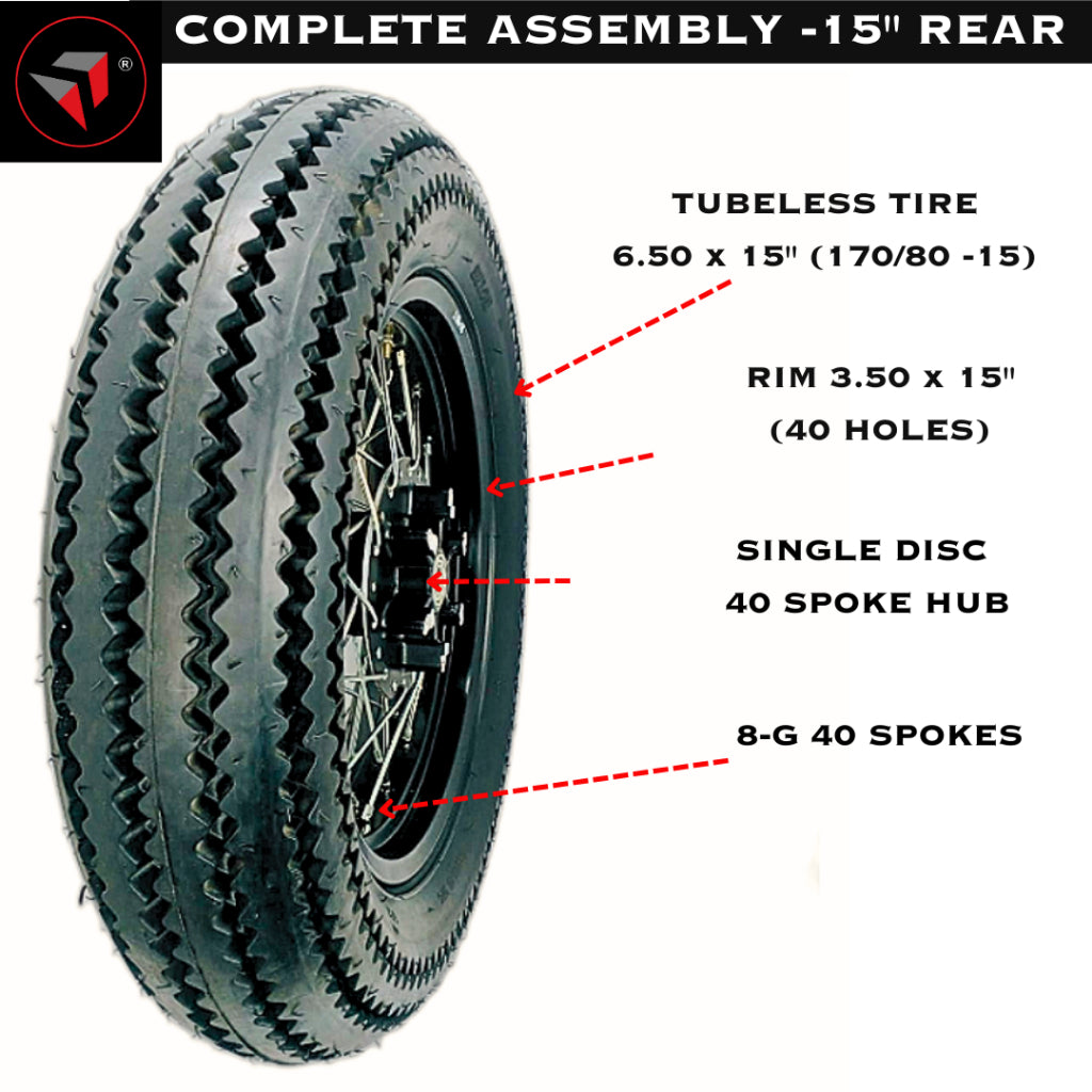 COMPLETE WHEEL ASSEMBLY FOR BOBBERS -REAR TIRE 6.50-15 & FRONT 4.00-18 OR 4.50-18 TIRES W/ RIMS, HUB