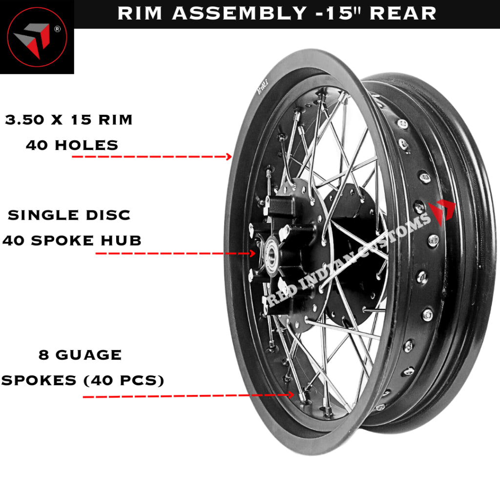 COMPLETE WHEEL ASSEMBLY FOR BOBBERS -REAR TIRE 6.50-15 & FRONT 4.00-18 OR 4.50-18 TIRES W/ RIMS, HUB
