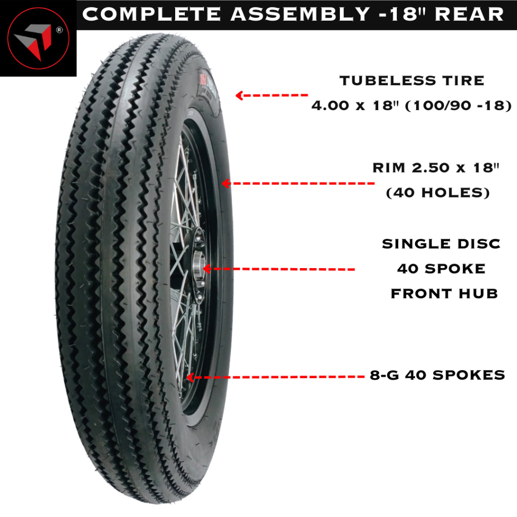 COMPLETE WHEEL ASSEMBLY FOR BOBBERS -REAR TIRE 6.50-15 & FRONT 4.00-18 OR 4.50-18 TIRES W/ RIMS, HUB