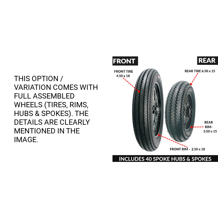 COMPLETE WHEEL ASSEMBLY FOR BOBBERS -REAR TIRE 6.50-15 & FRONT 4.00-18 OR 4.50-18 TIRES W/ RIMS, HUB