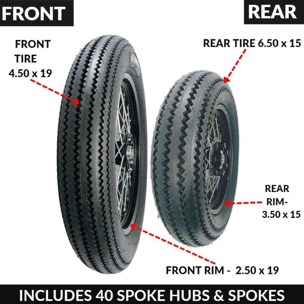 COMPLETE WHEEL ASSEMBLY SET FOR BOBBERS - FRONT AND REAR SAWTOOTH TIRE