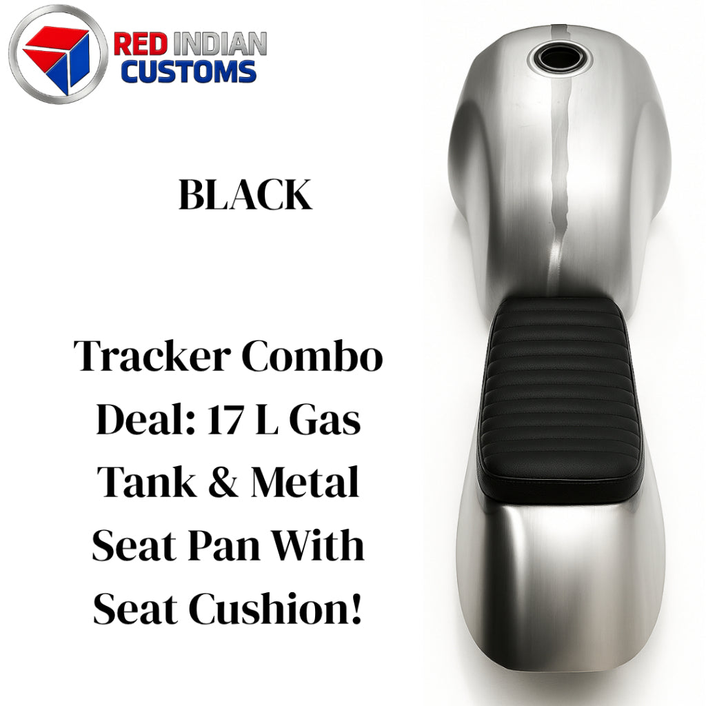 Motorcycle Gas Tank 17L + Metal Seat Base Pan w/ Seat Cushion Combo Kit Brown Black For Universal