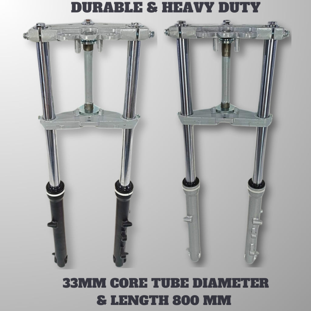 Complete Front Fork Assembly – 33mm, 800mm, Durable Aluminum w/ Free Risers & Covers Silver & Black